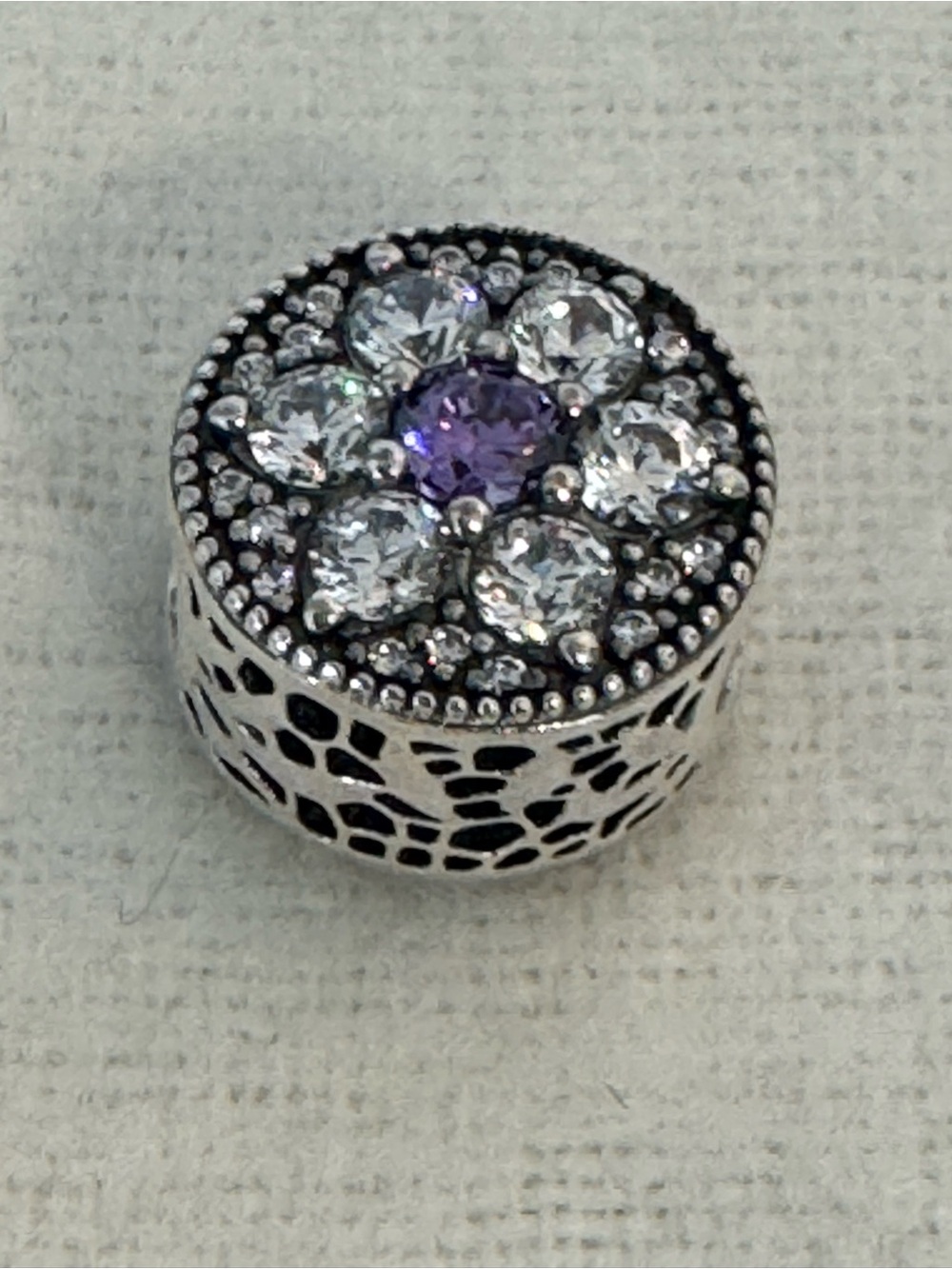 Pandora Sterling Silver Floral Charm with Purple Center Stone-New - Picture 3 of 7